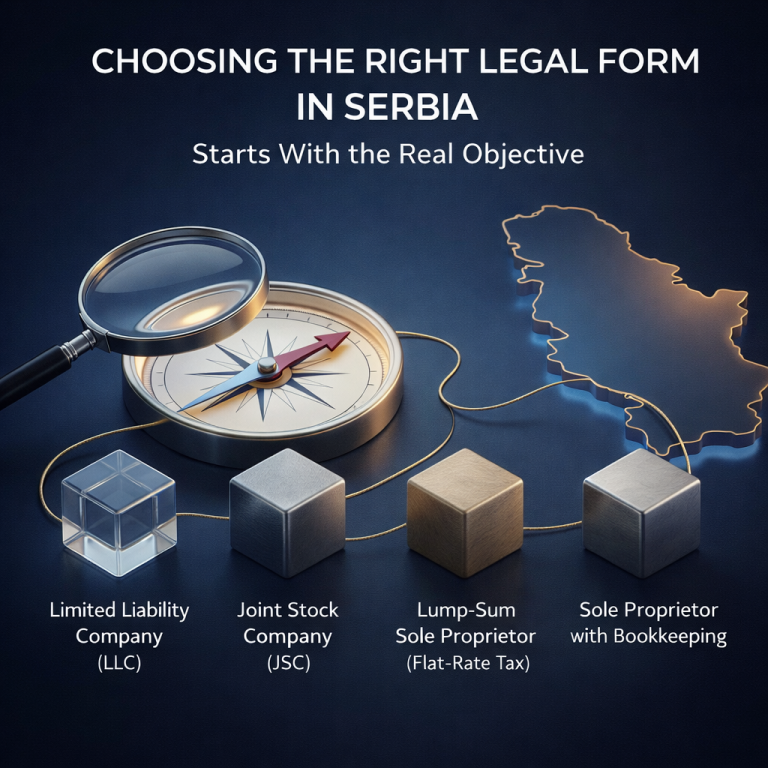 Choosing the right legal form in Serbia showing LLC, JSC, lump sum sole proprietor and sole proprietor with bookkeeping, strategic business structure overview for founders