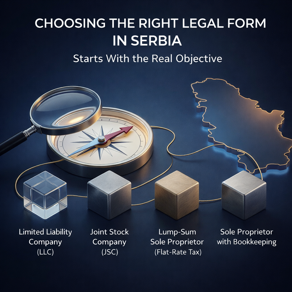 Choosing the right legal form in Serbia showing LLC, JSC, lump sum sole proprietor and sole proprietor with bookkeeping, strategic business structure overview for founders