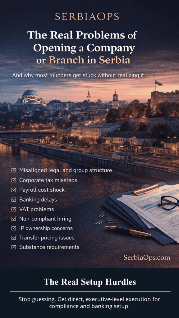 Serbia business setup challenges blog image showing Belgrade skyline, highlighting legal structure, tax, payroll, banking, VAT, hiring, IP ownership, and compliance issues when opening a company or branch in Serbia