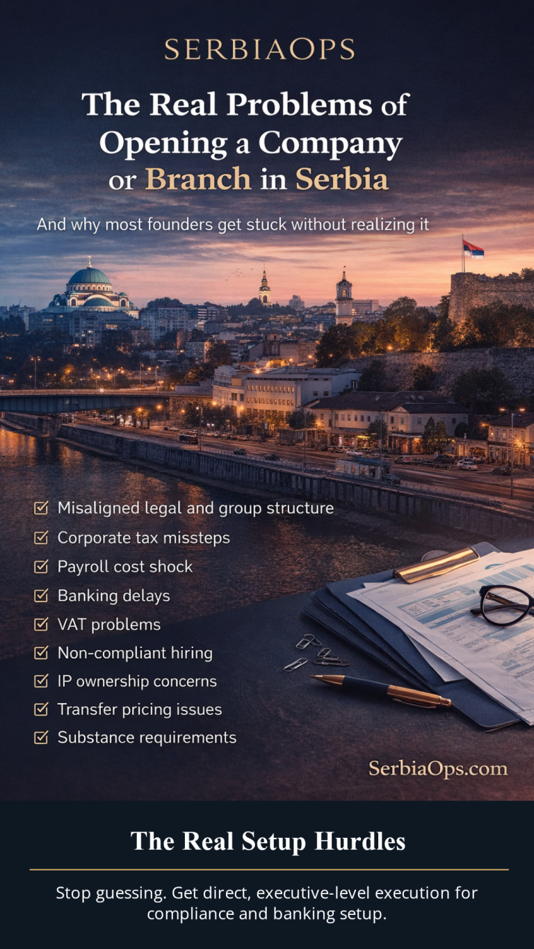 Serbia business setup challenges blog image showing Belgrade skyline, highlighting legal structure, tax, payroll, banking, VAT, hiring, IP ownership, and compliance issues when opening a company or branch in Serbia